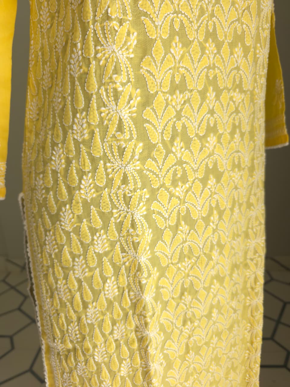 Mango Yellow hand embroidered  Kurti