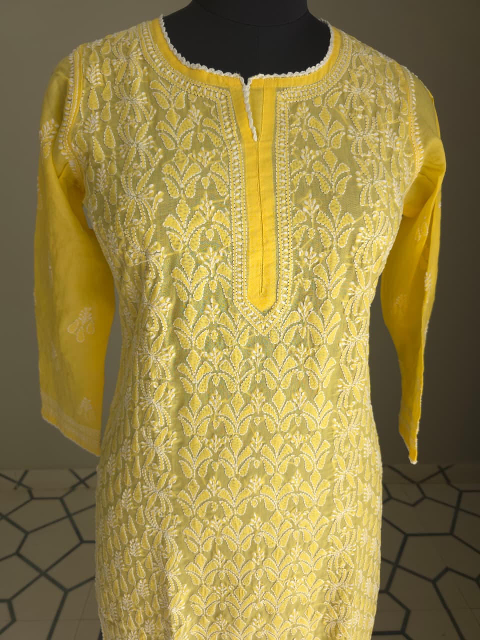 Mango Yellow hand embroidered  Kurti