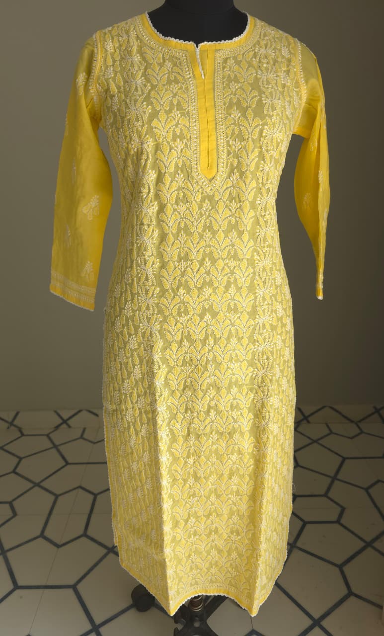 Mango Yellow hand embroidered Kurti