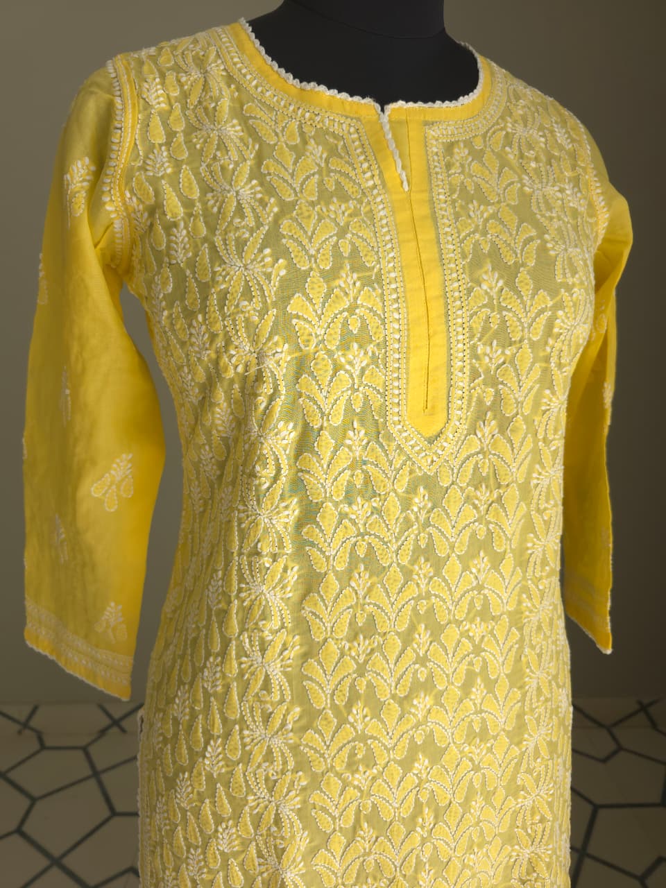 Mango Yellow hand embroidered  Kurti