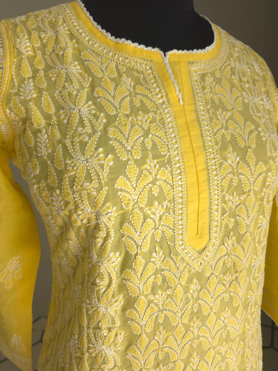 Mango Yellow hand embroidered  Kurti