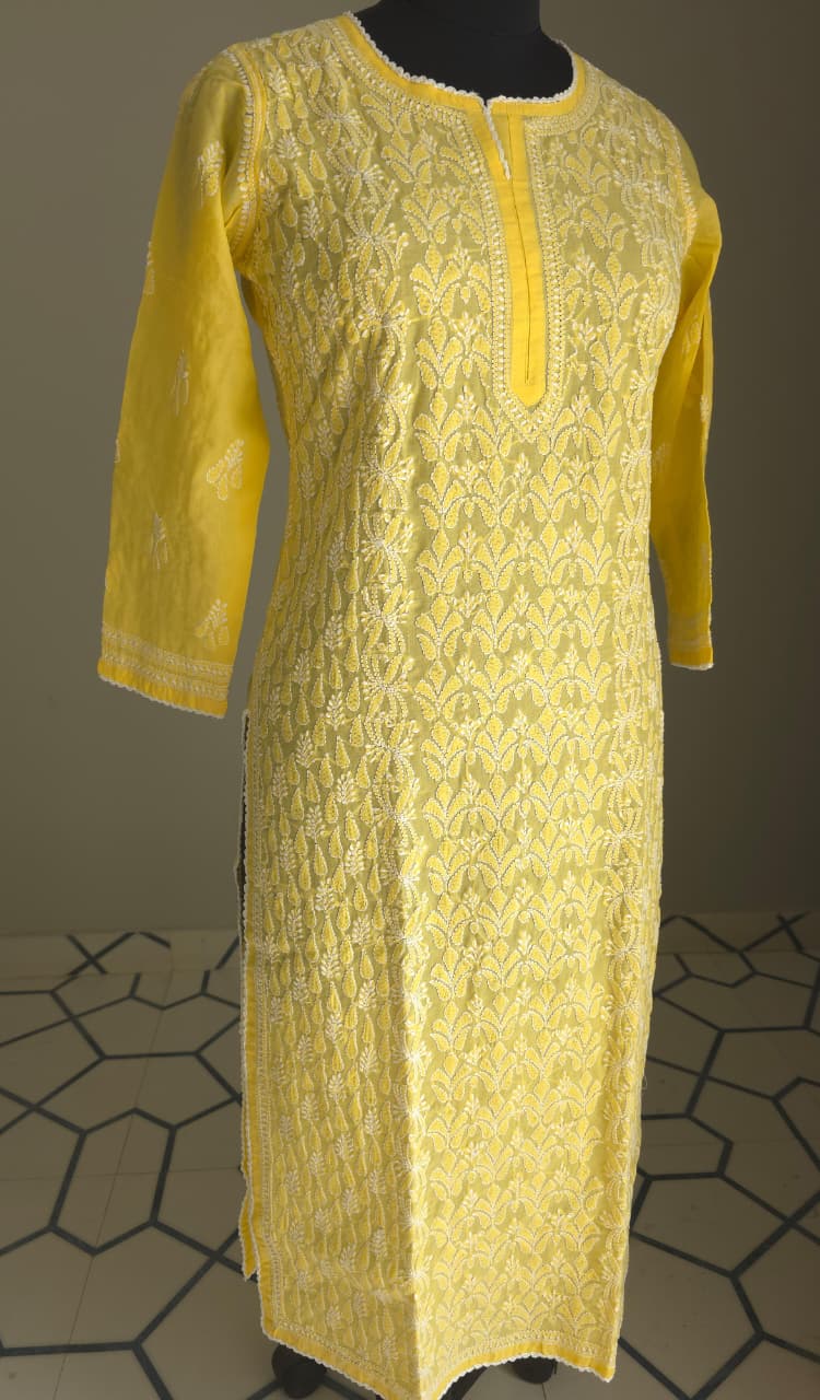 Mango Yellow hand embroidered  Kurti