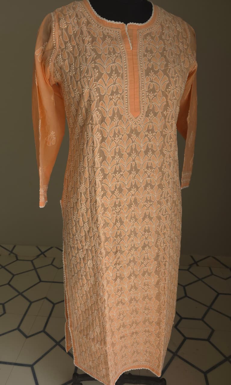 Peach Cotton Front Jaalwork Ready to wear  Kurti