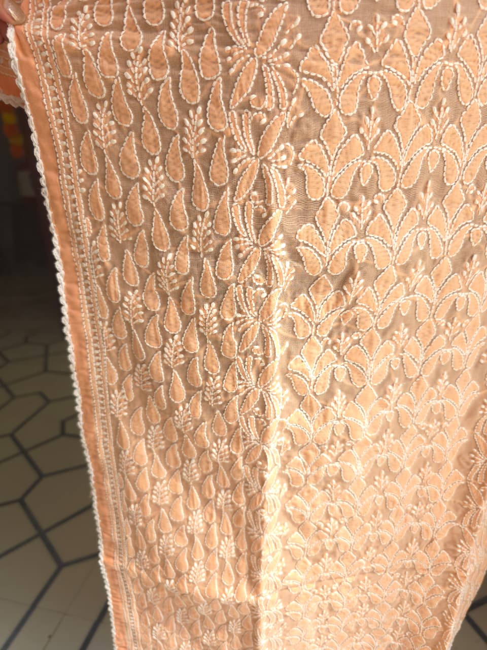 Peach Cotton Front Jaalwork Ready to wear  Kurti