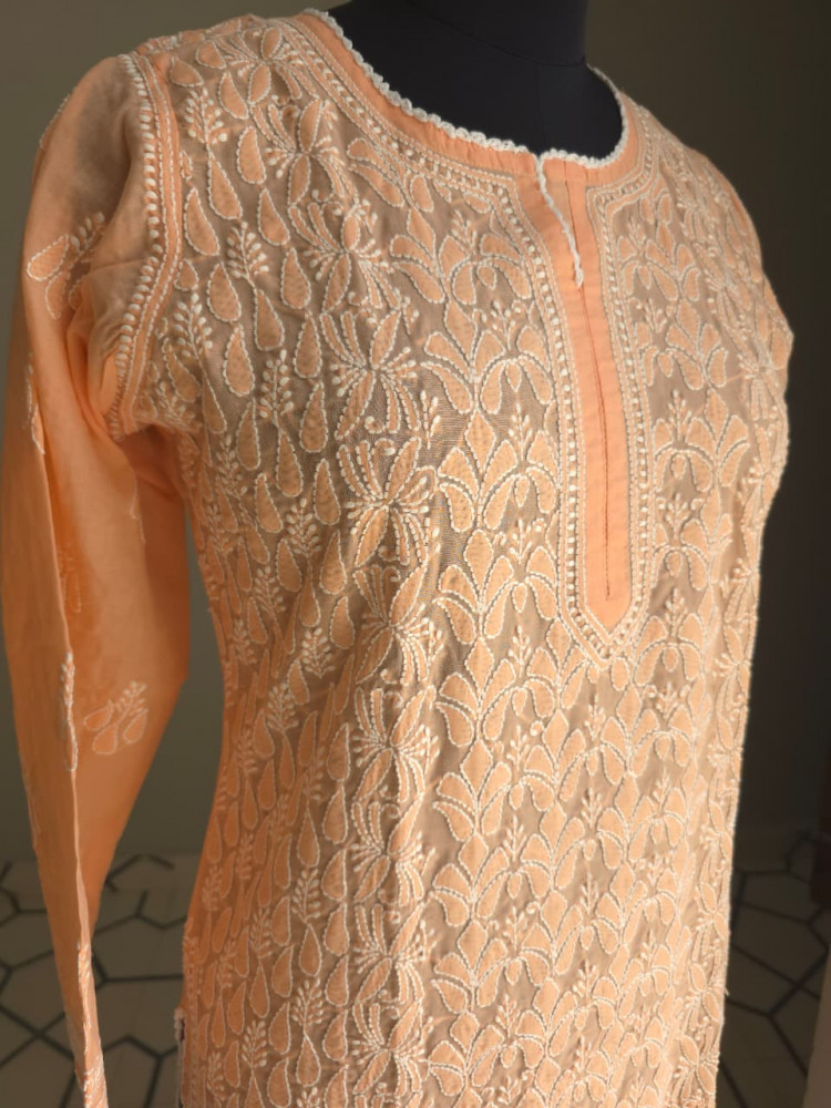 Image of Peach Cotton Front Jaalwork Ready to wear  Kurti