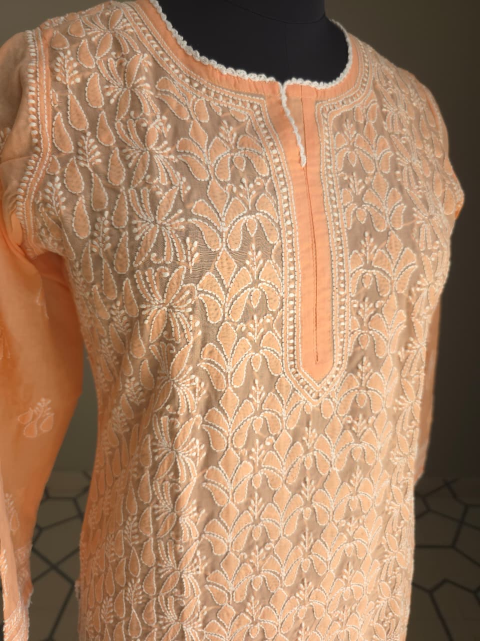 Peach Cotton Front Jaalwork Ready to wear  Kurti