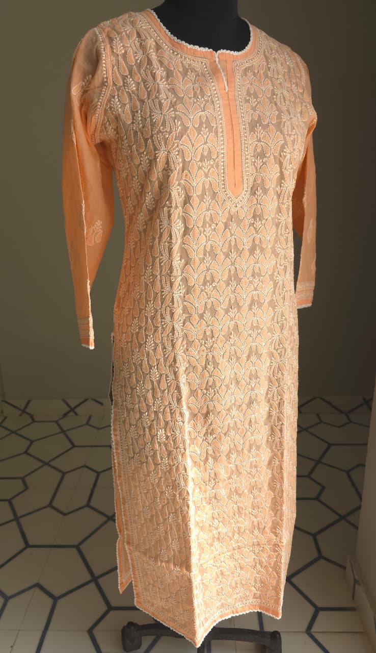 Peach Cotton Front Jaalwork Ready to wear  Kurti