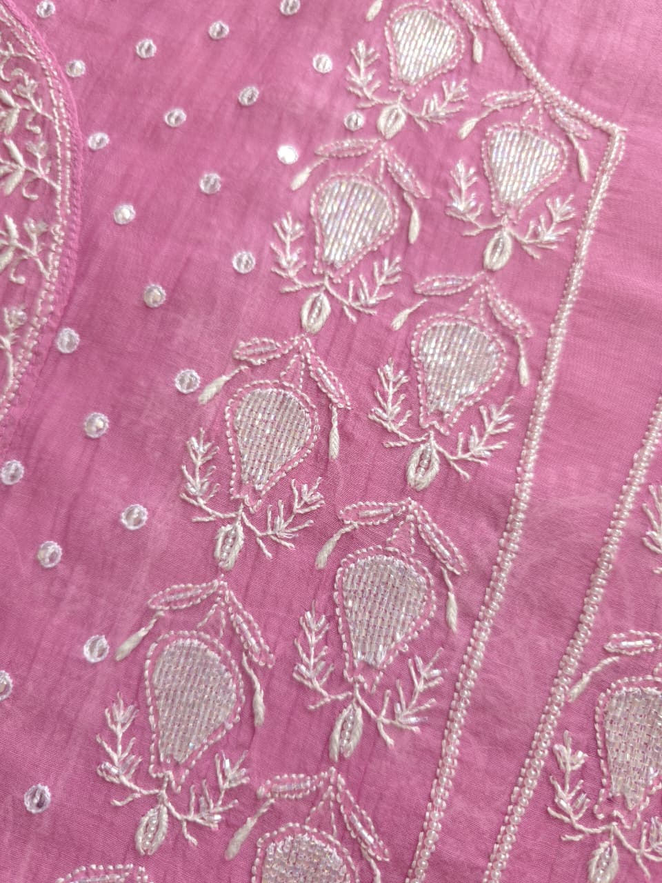 Pinkish Lilac Mul chanderi hand embroidered kurta with Jaal dupatta
