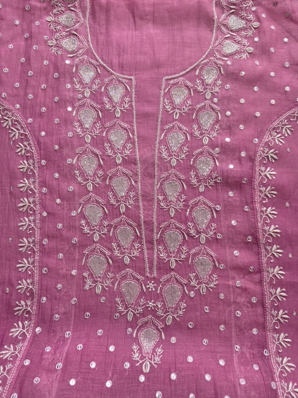 Pinkish Lilac Mul chanderi hand embroidered kurta with Jaal dupatta