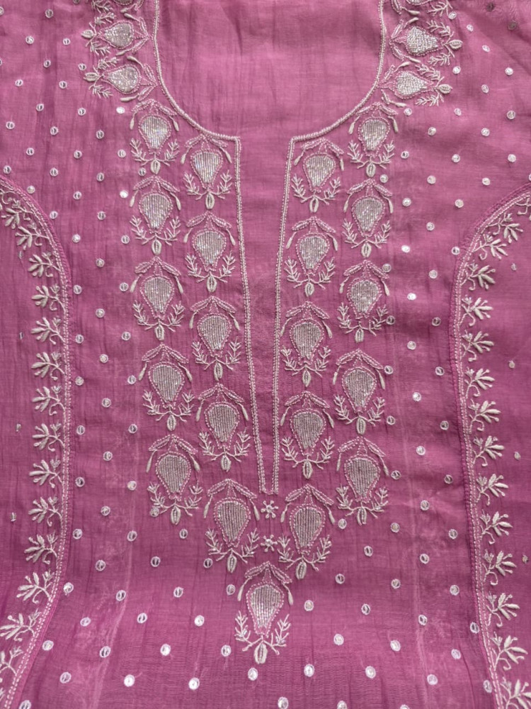 Image of Pinkish Lilac Mul chanderi hand embroidered kurta with Jaal dupatta