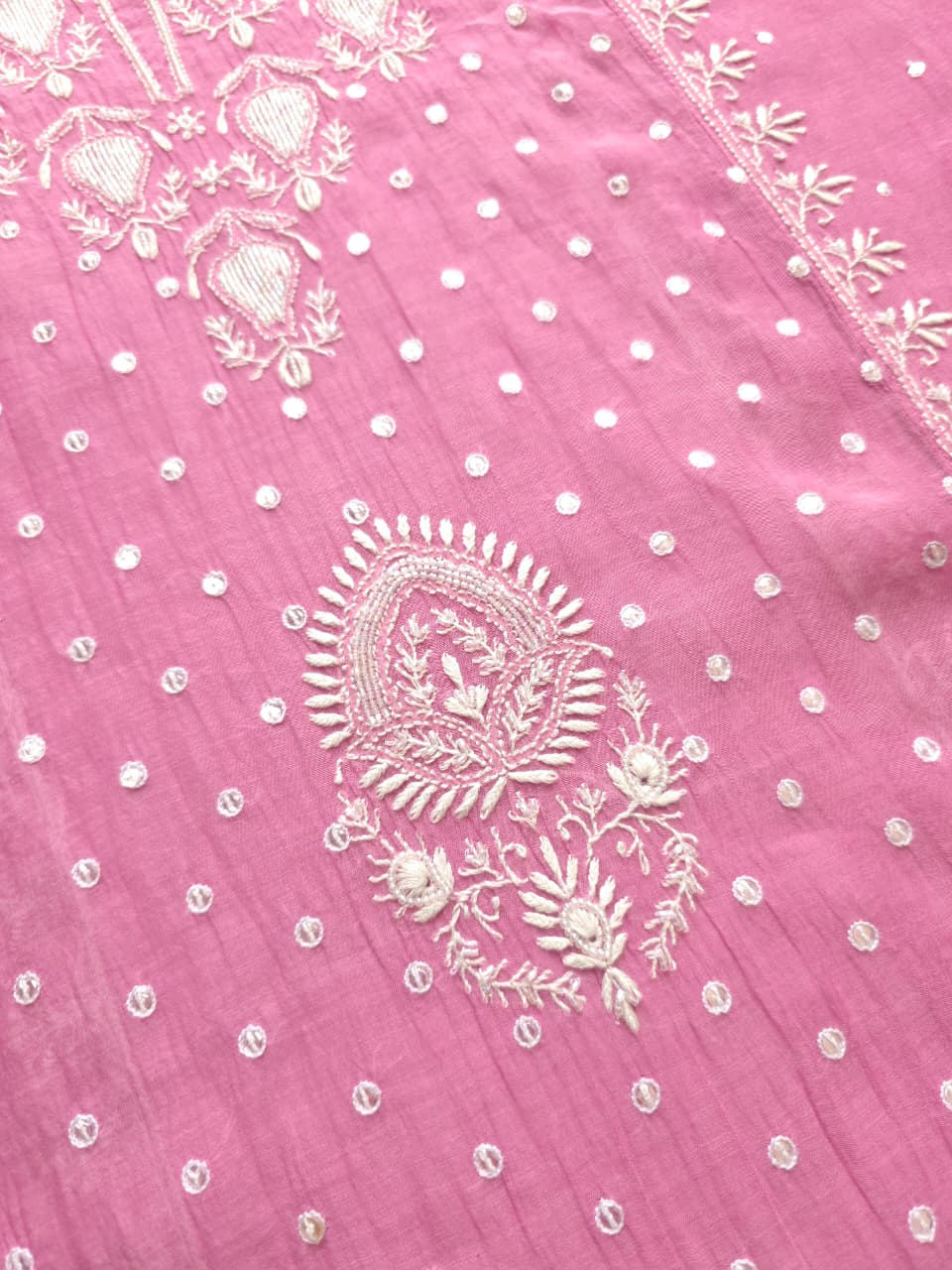 Pinkish Lilac Mul chanderi hand embroidered kurta with Jaal dupatta