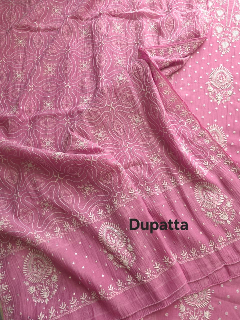 Pinkish Lilac Mul chanderi hand embroidered kurta with Jaal dupatta