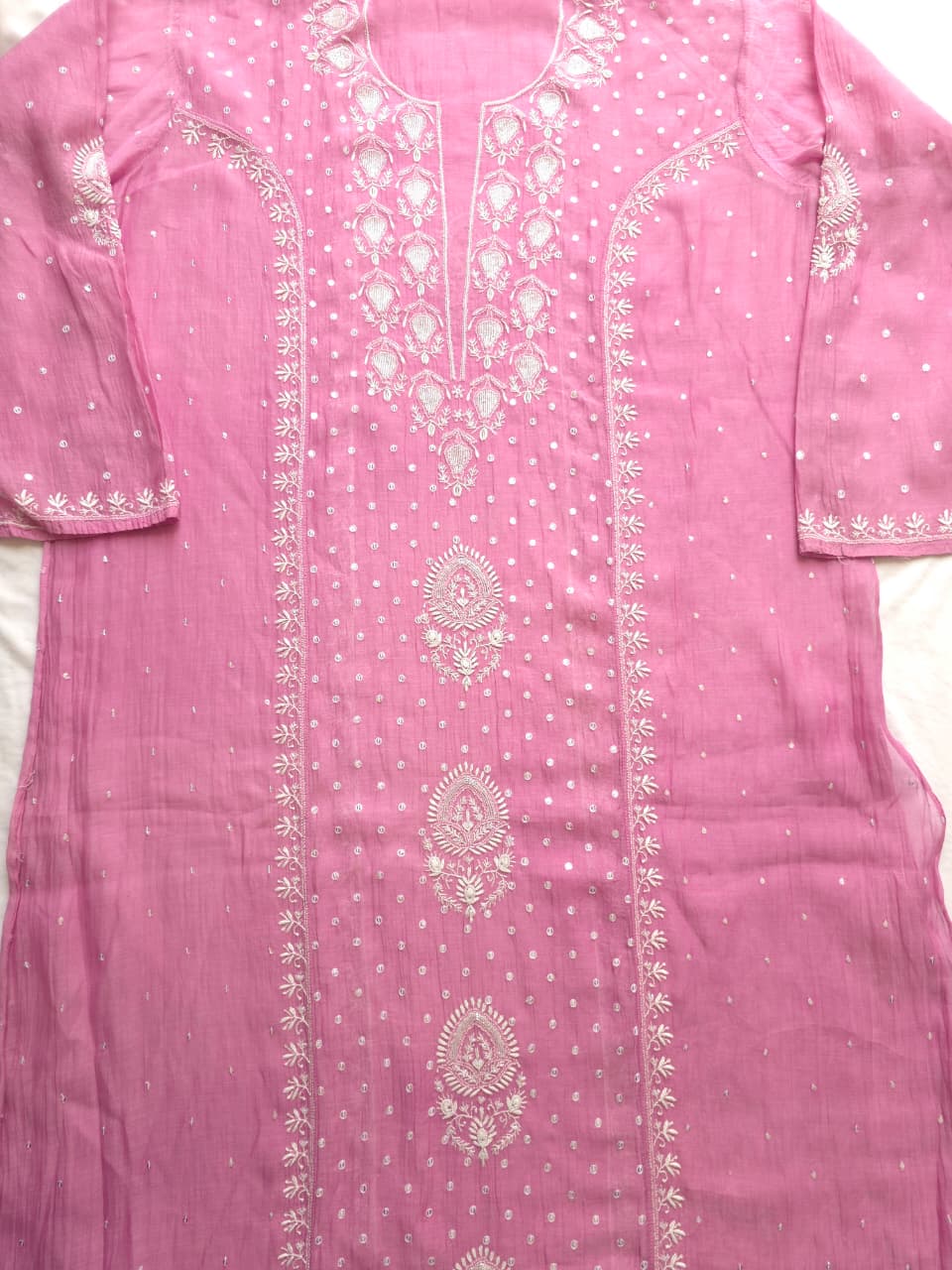 Pinkish Lilac Mul chanderi hand embroidered kurta with Jaal dupatta