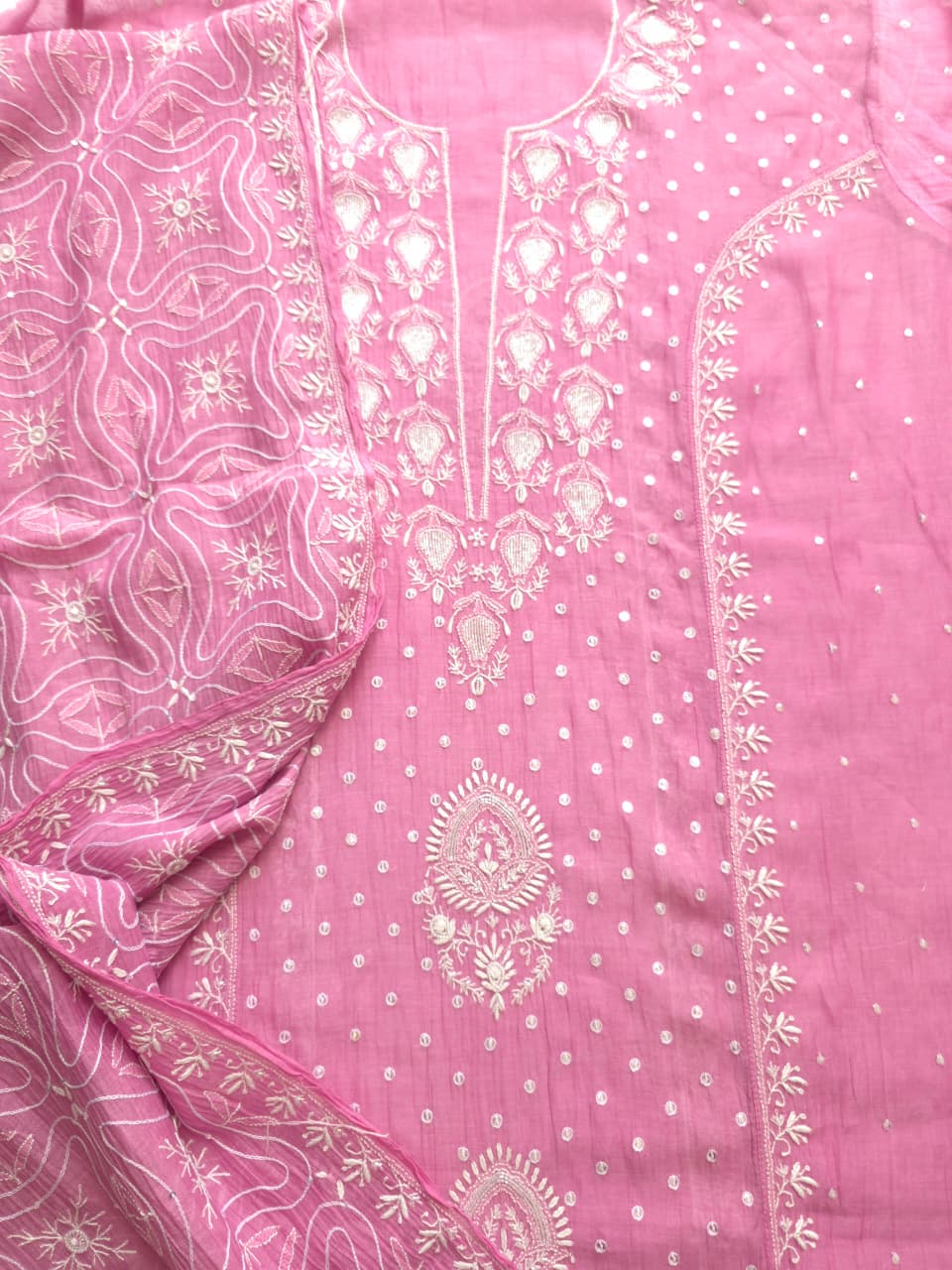 Pinkish Lilac Mul chanderi hand embroidered kurta with Jaal dupatta