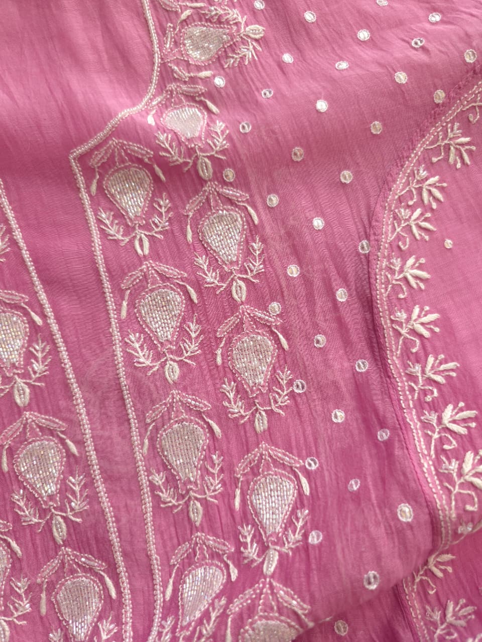 Pinkish Lilac Mul chanderi hand embroidered kurta with Jaal dupatta