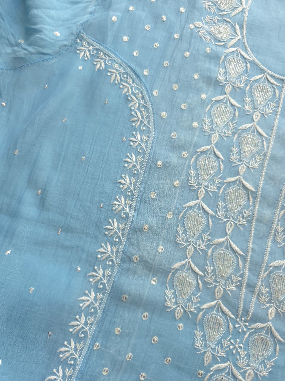 Blue Mul chanderi Hand embroidered Kurta and Jaalwork Dupatta