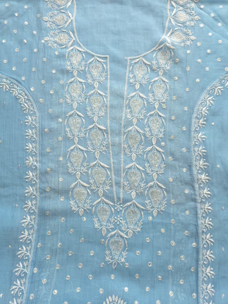 Image of Blue Mul chanderi Hand embroidered Kurta and Jaalwork Dupatta