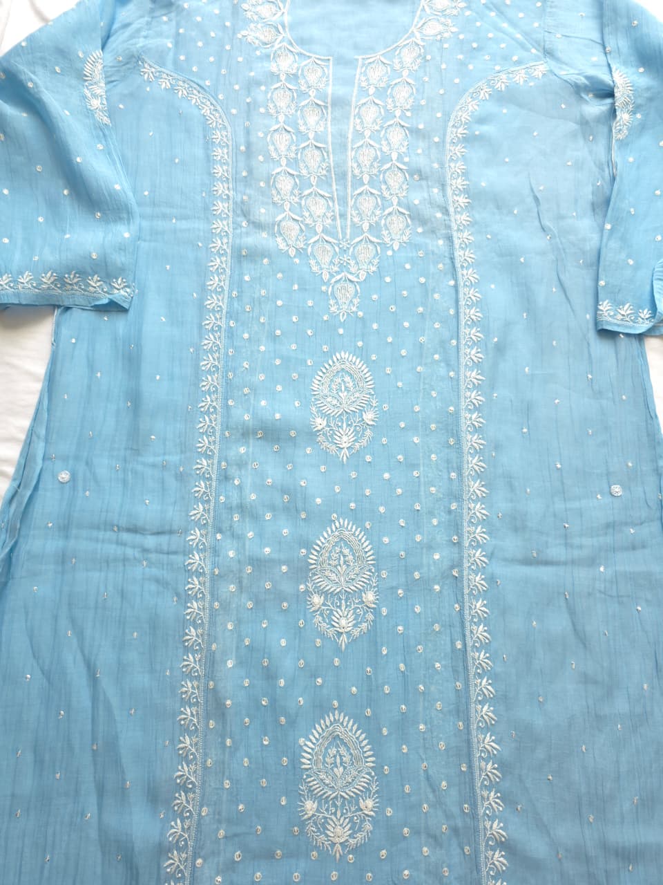 Blue Mul chanderi Hand embroidered Kurta and Jaalwork Dupatta