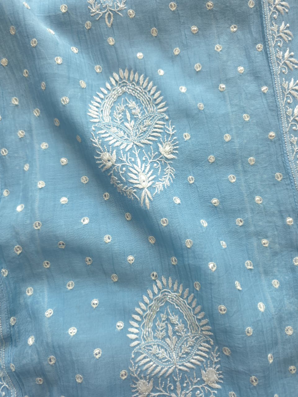 Blue Mul chanderi Hand embroidered Kurta and Jaalwork Dupatta