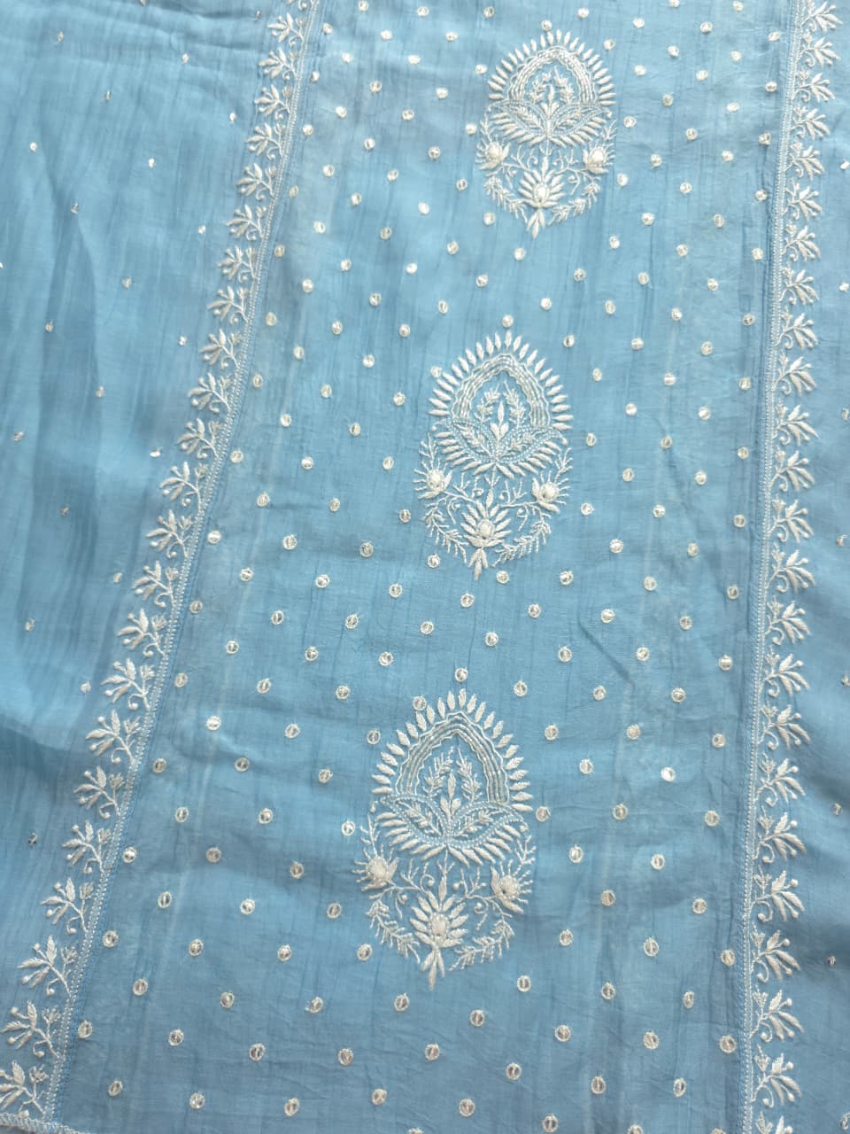 Blue Mul chanderi Hand embroidered Kurta and Jaalwork Dupatta