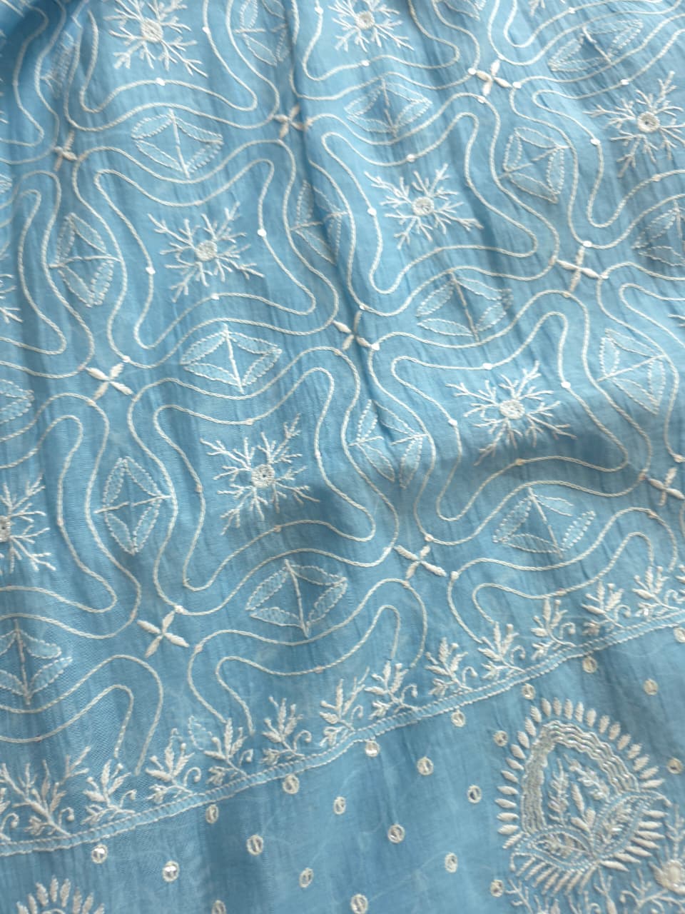Blue Mul chanderi Hand embroidered Kurta and Jaalwork Dupatta