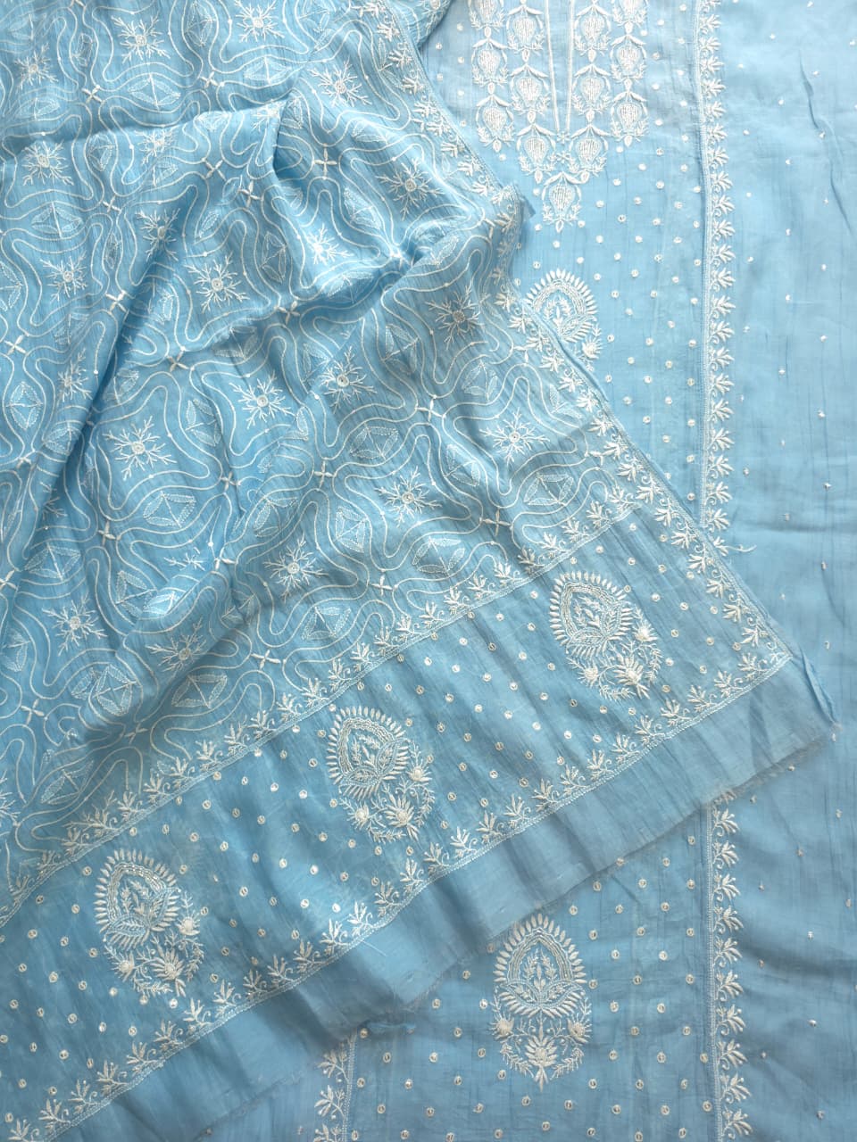 Blue Mul chanderi Hand embroidered Kurta and Jaalwork Dupatta