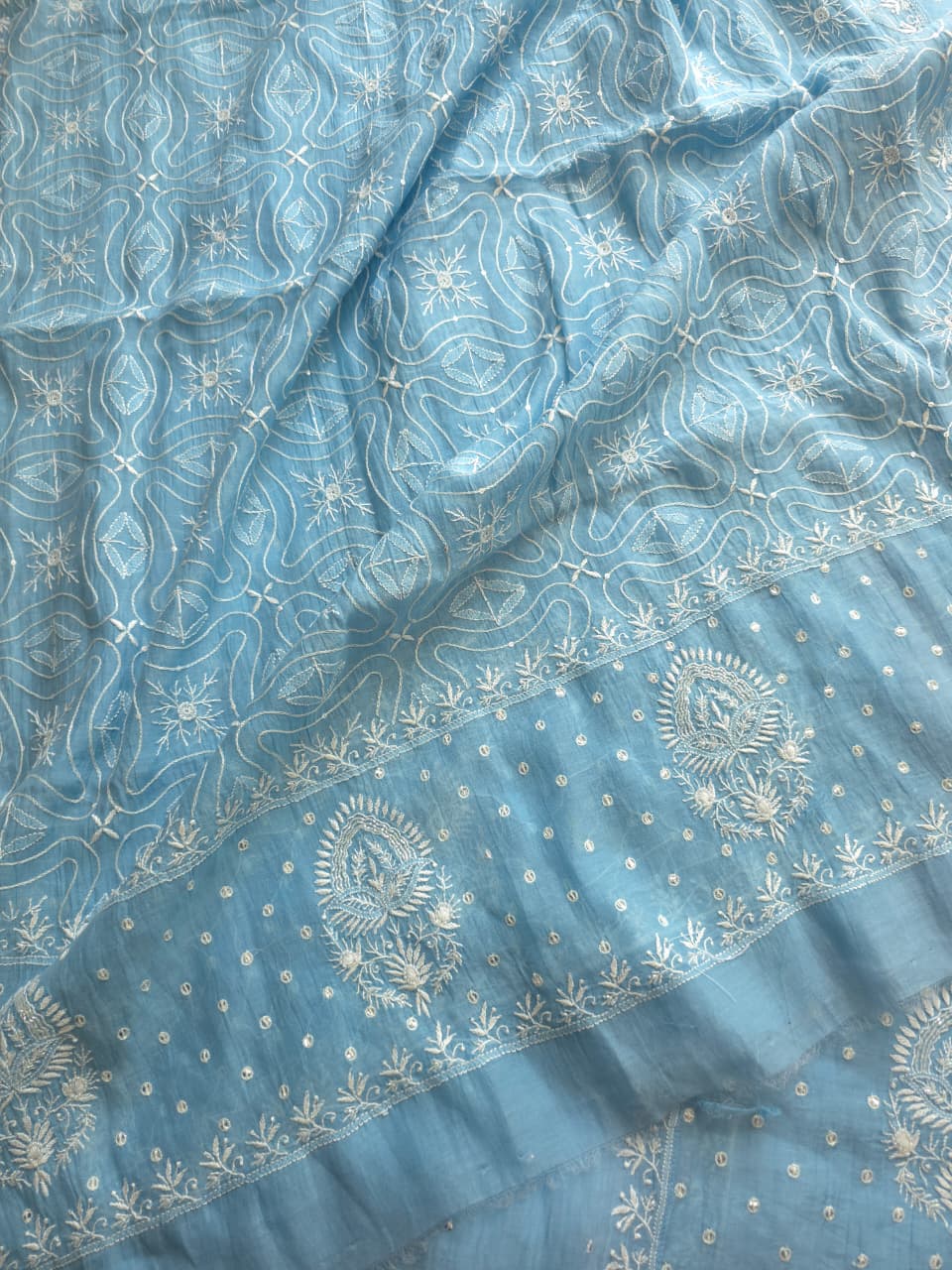 Blue Mul chanderi Hand embroidered Kurta and Jaalwork Dupatta