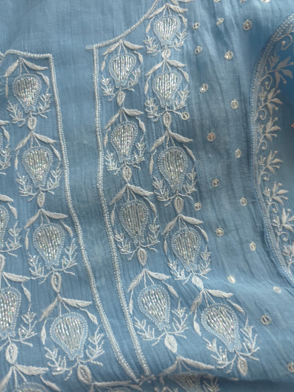 Blue Mul chanderi Hand embroidered Kurta and Jaalwork Dupatta