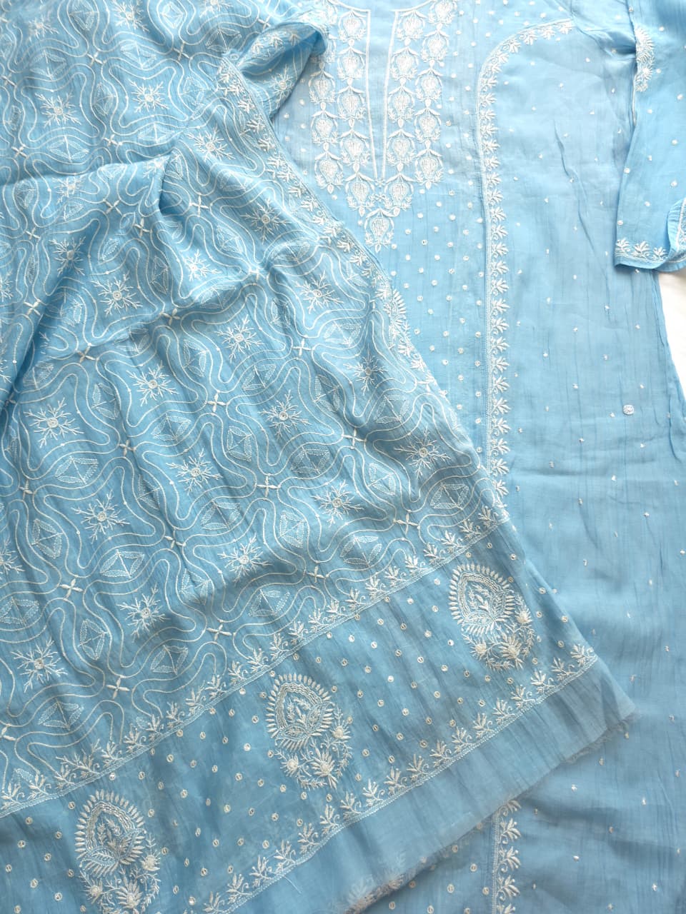 Blue Mul chanderi Hand embroidered Kurta and Jaalwork Dupatta