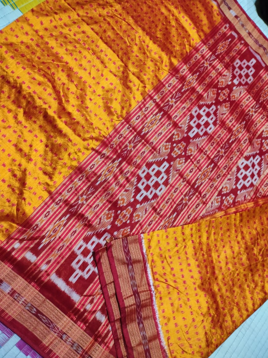 Yellow and maroon khandua silk saree
