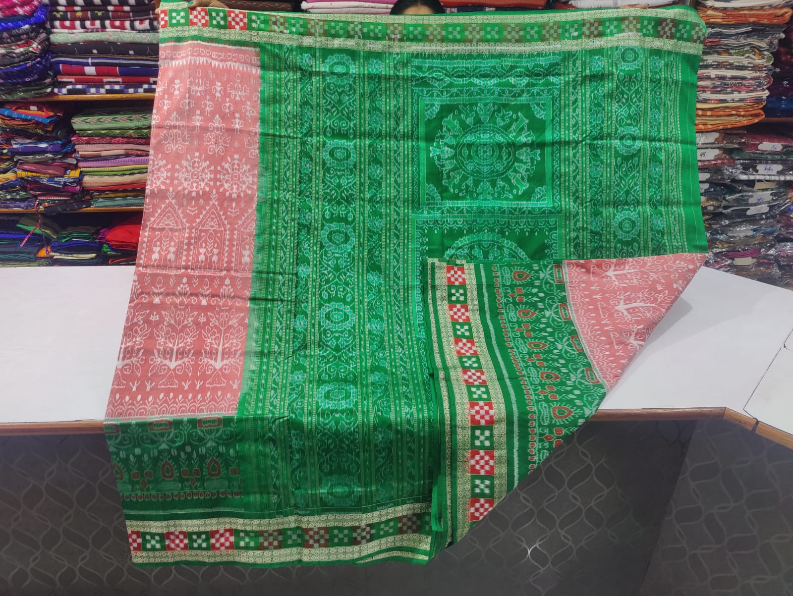 Peach and green sambalpuri silk saree