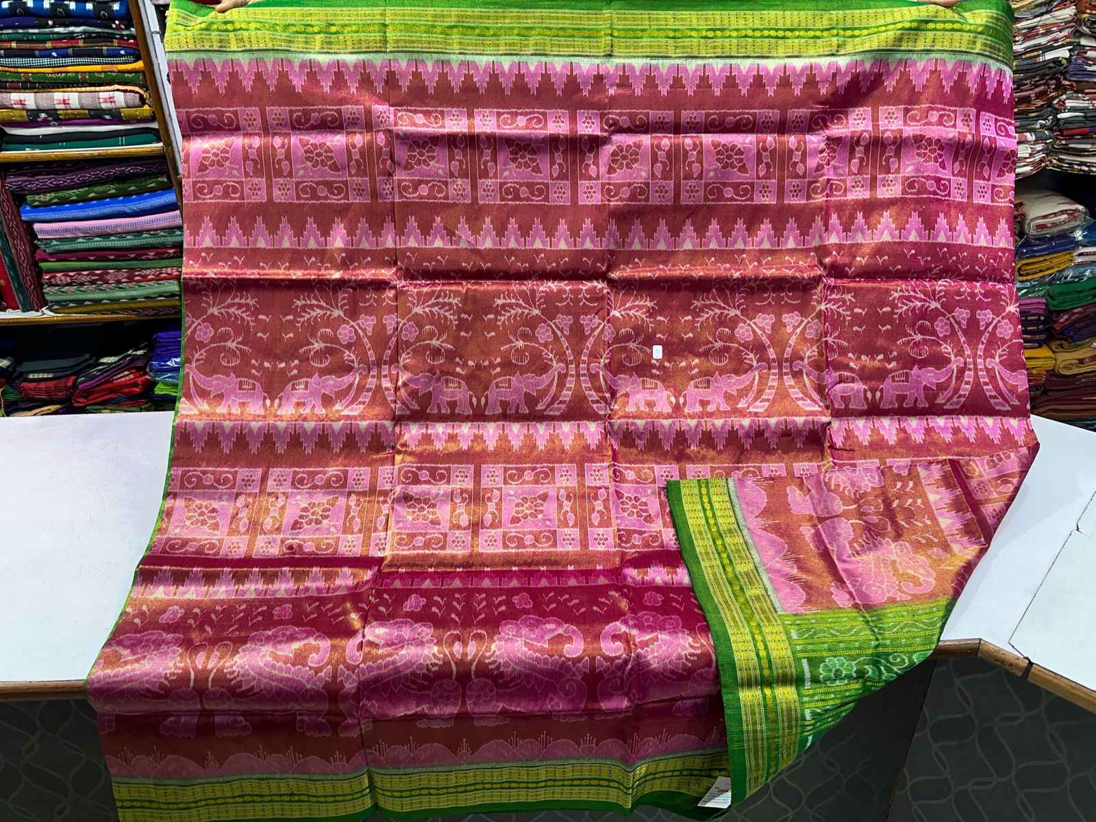 Pink and Green Sambalpuri tissue silk saree