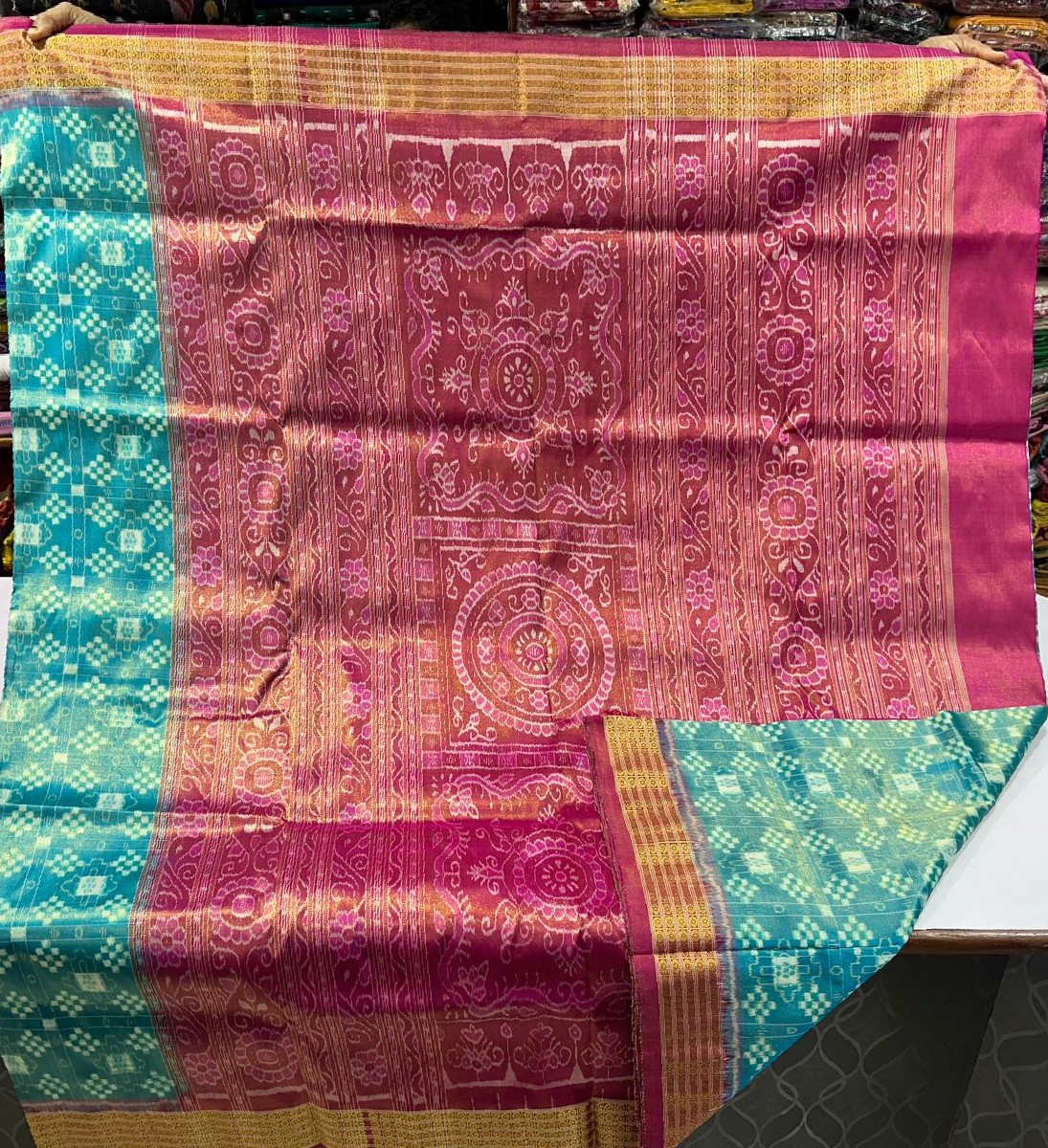 Blue and Pink sambalpuri tissue silk saree