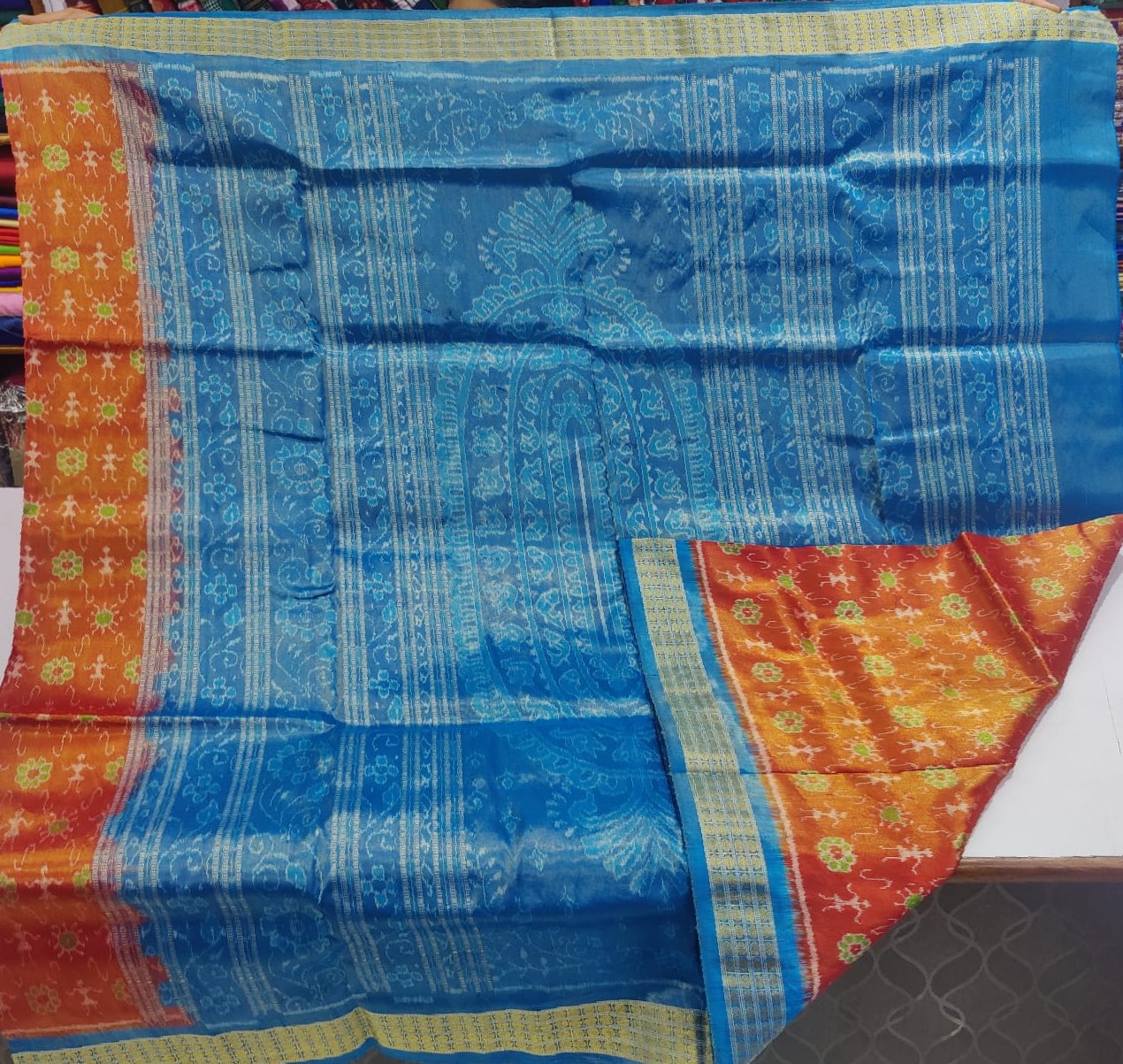 Orange and Blue Sambalpuri tissue silk saree