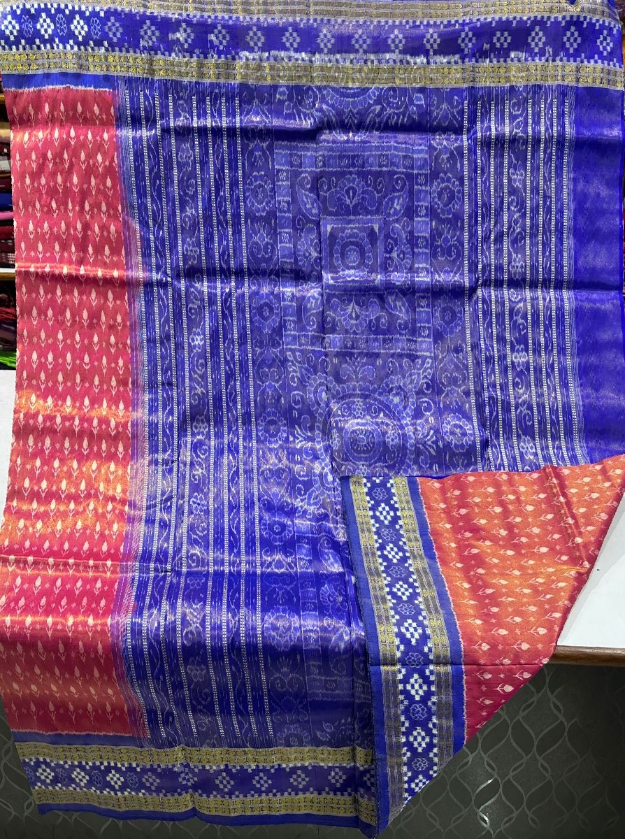 Pink and blue Sambalpuri tissue silk saree