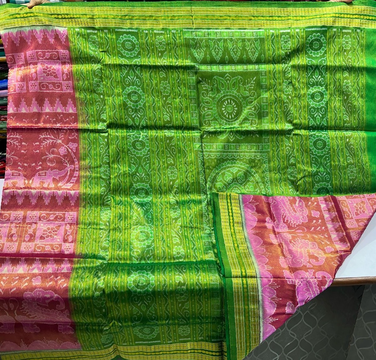 Pink and Green Sambalpuri tissue silk saree