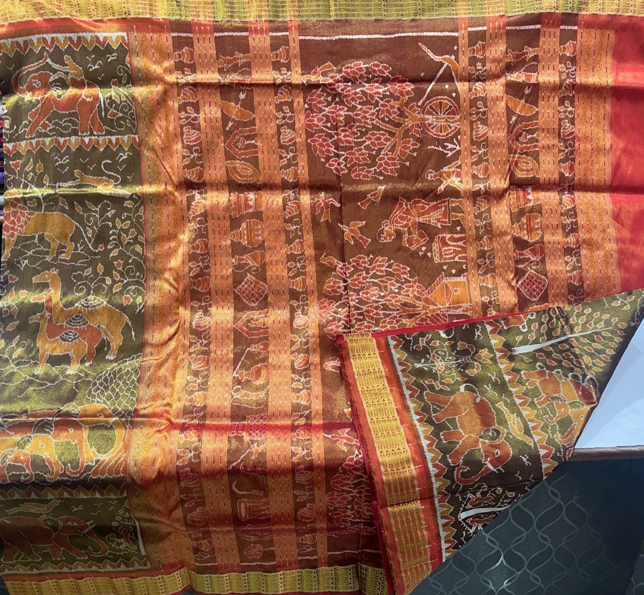 Deep green and Red sambalpuri tissue silk saree