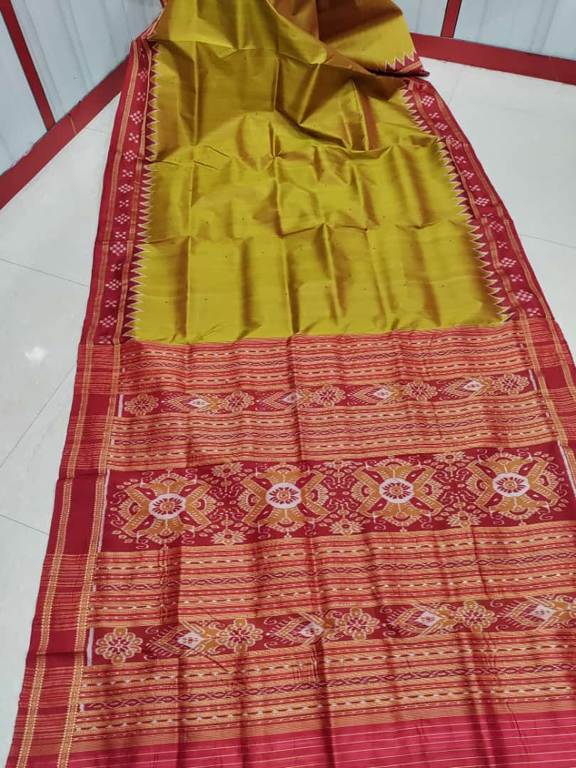 Mustard yellow and Red khandua silk saree