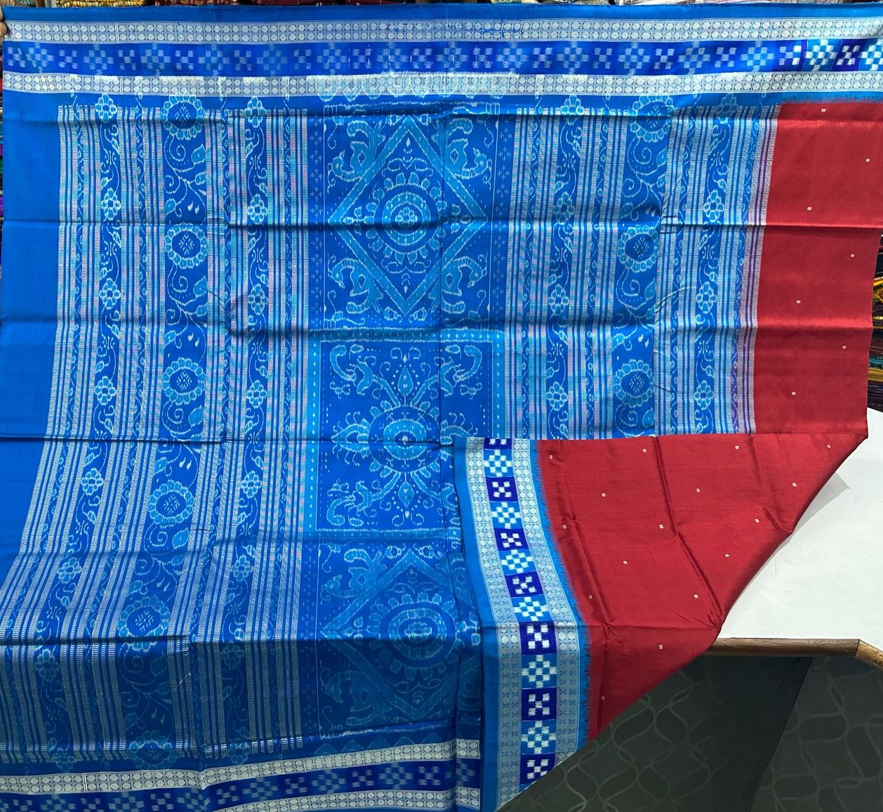 Maroon and Blue Sambalpuri silk saree