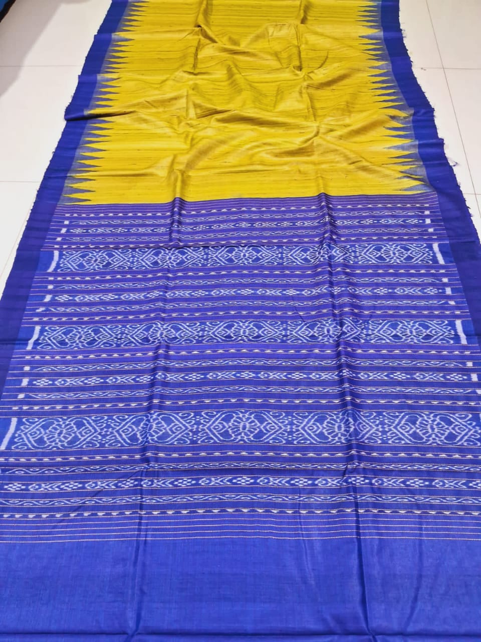 Yellow and blue tusser silk saree