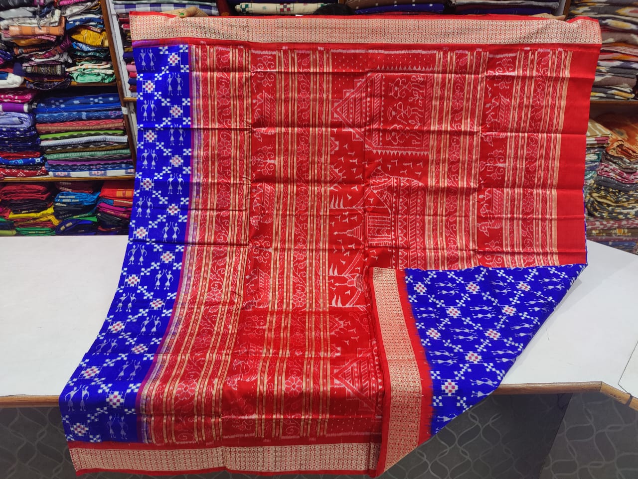 Blue and Red sambalpuri pasapalli silk saree