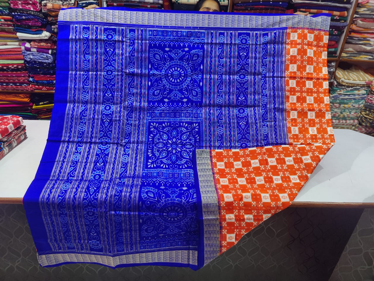 Orange and blue sambalpuri pasapalli silk saree