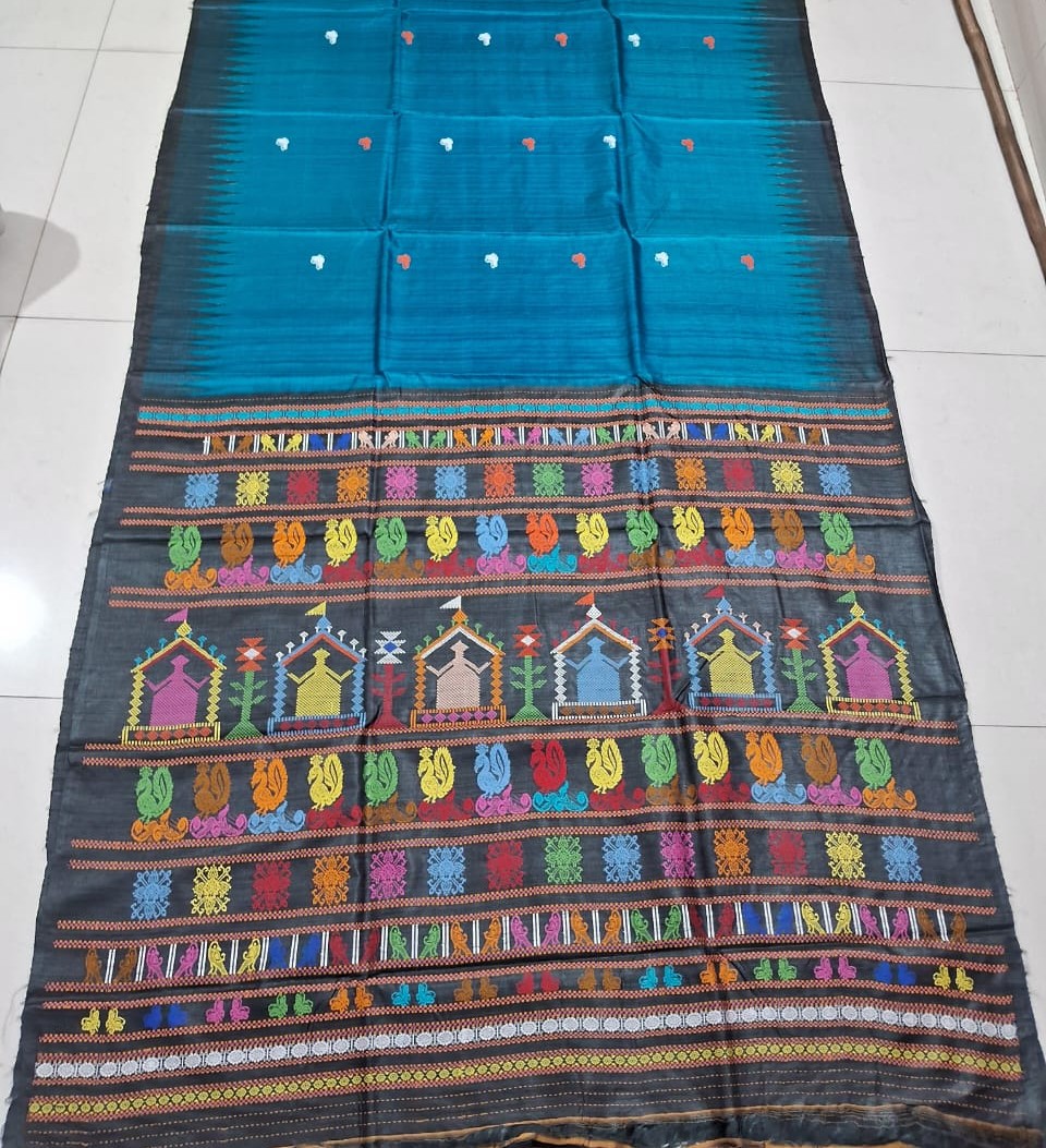 Blue and black Tusser silk saree