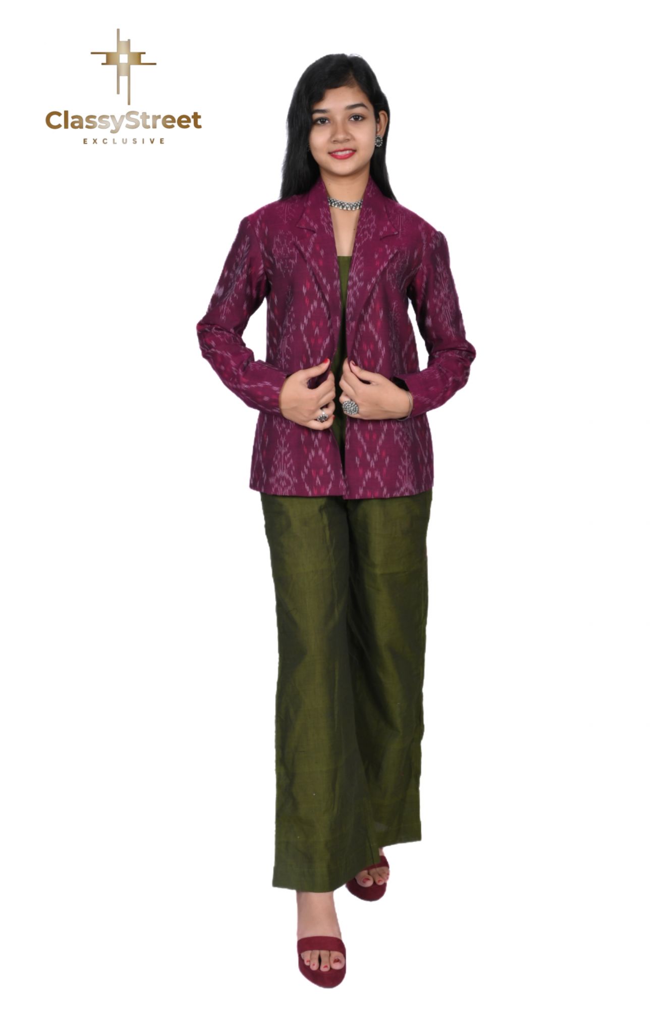 Green jumpsuit with Magenta Sambalpuri ikkat Jacket