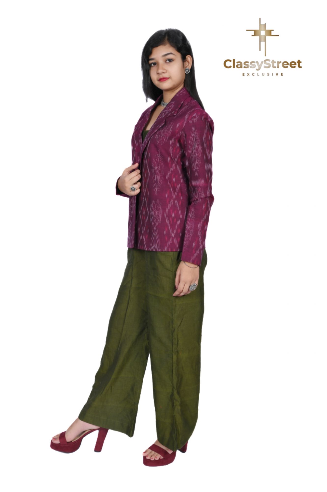 Green jumpsuit with Magenta Sambalpuri ikkat Jacket