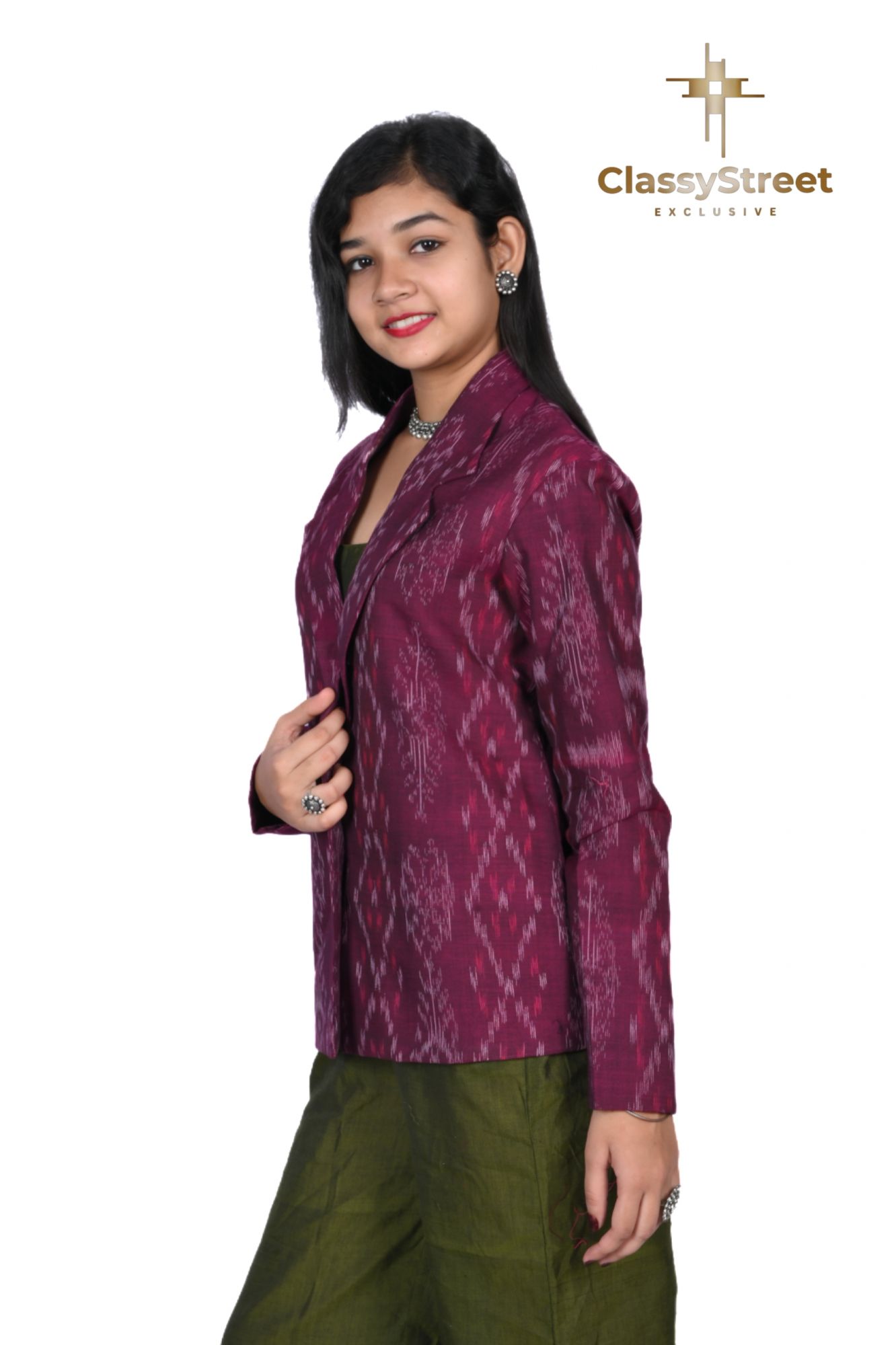 Green jumpsuit with Magenta Sambalpuri ikkat Jacket