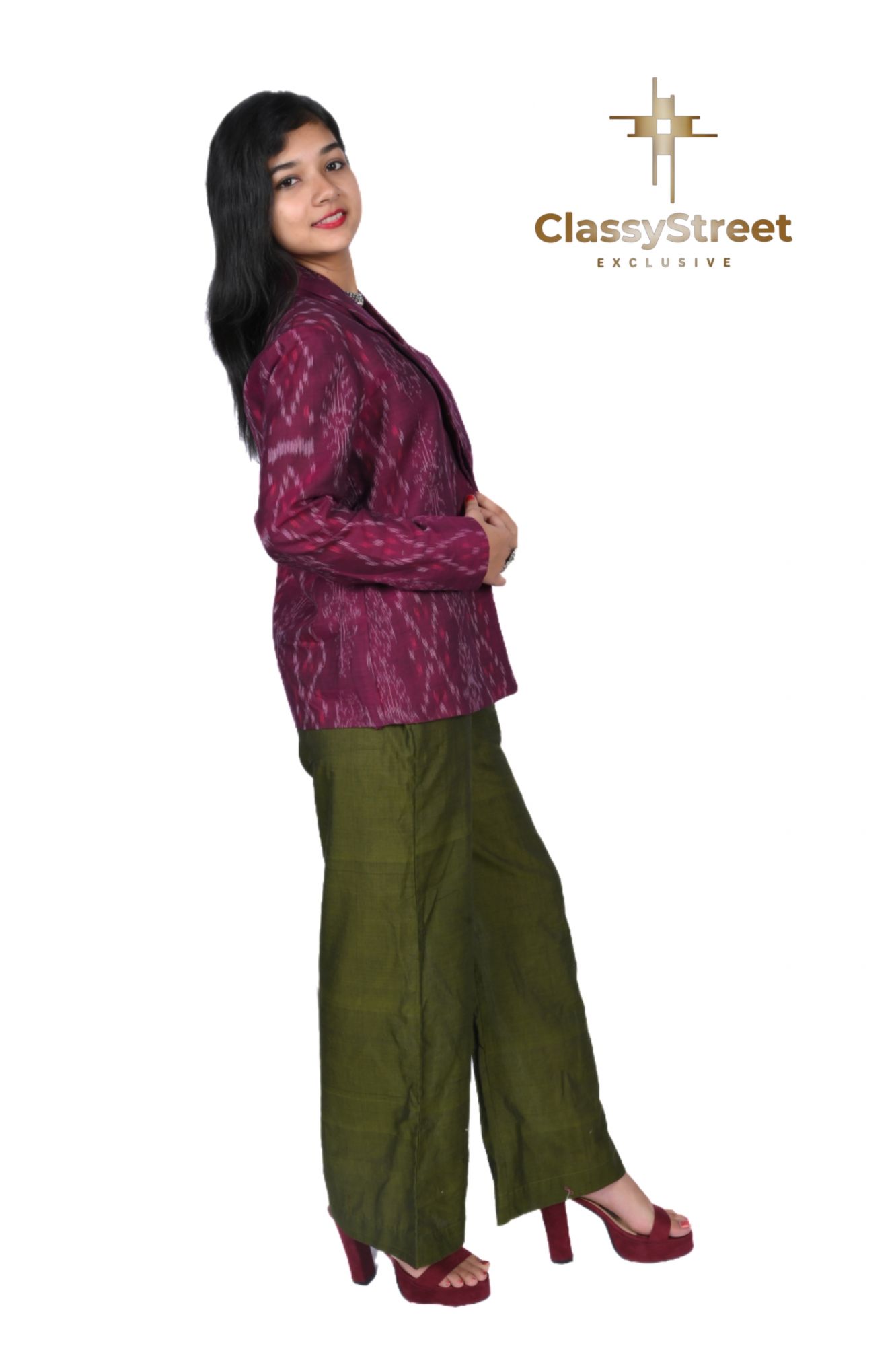 Green jumpsuit with Magenta Sambalpuri ikkat Jacket