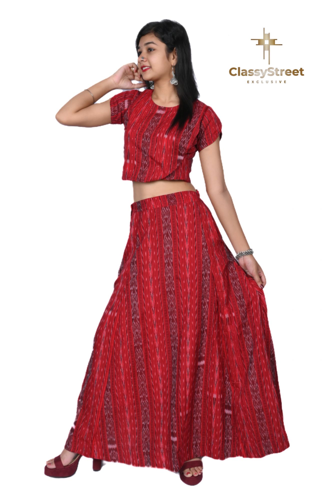 Red Sambalpuri skirt with crop top