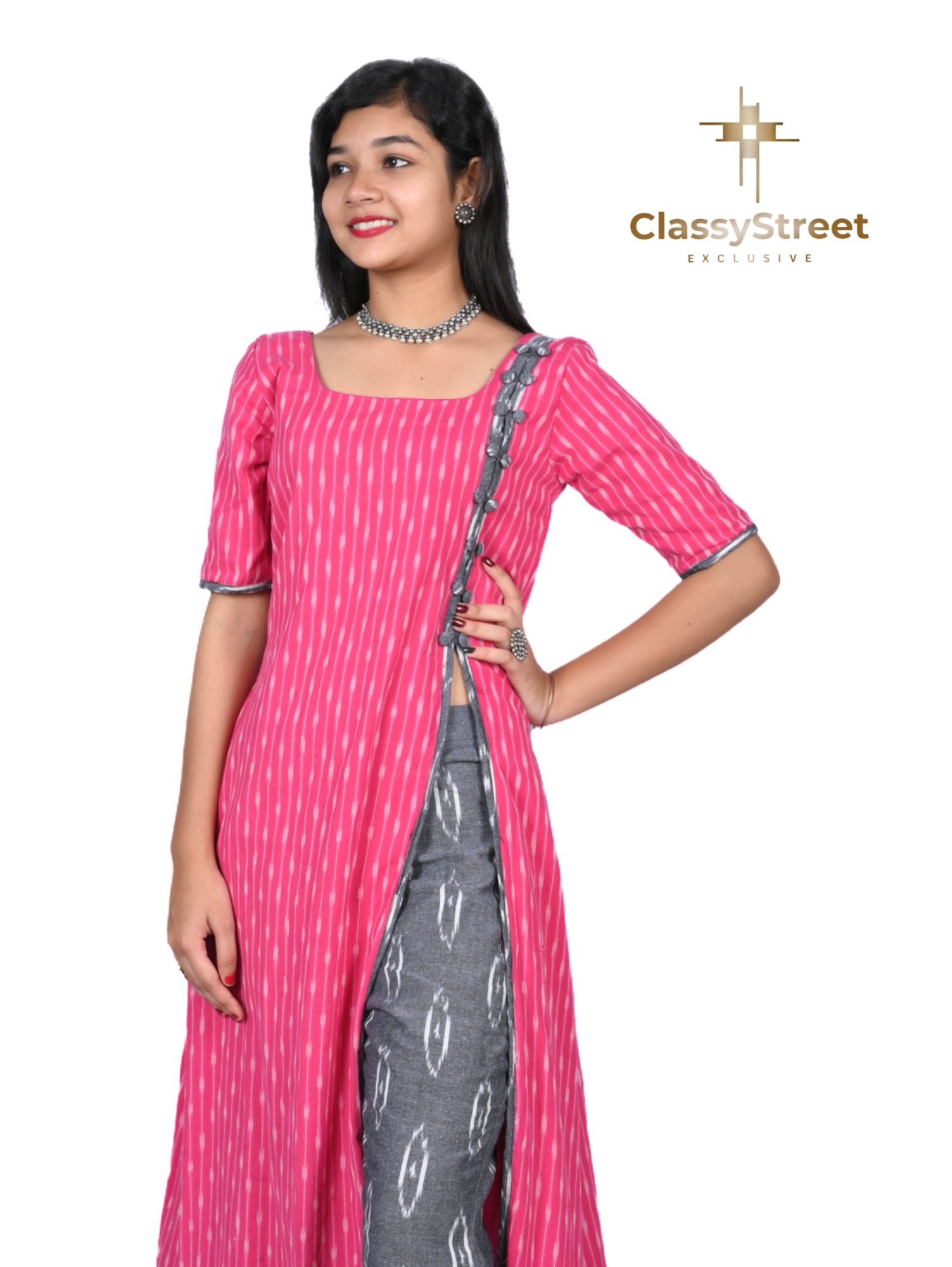 Pink and grey ikkat dress