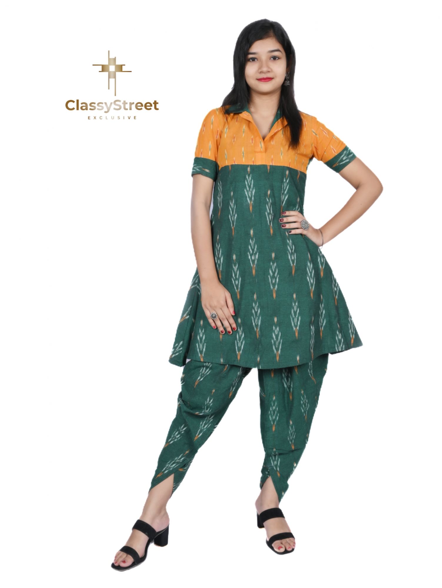 Green dhoti ikat dress